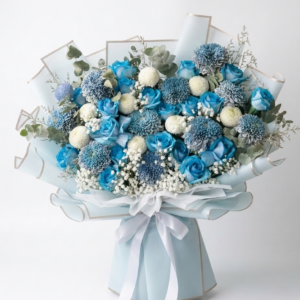 Buket Bunga Mawar Biru dan Gompie