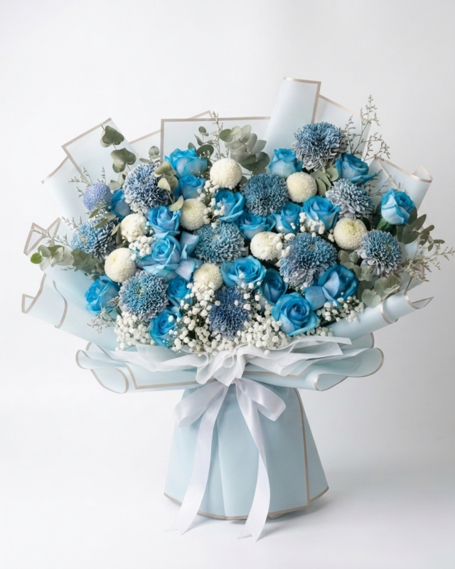 Buket Bunga Mawar Biru dan Gompie