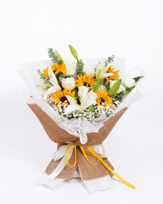 Buket Bunga Mawar Putih dan Sunflower